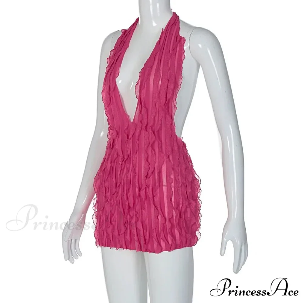 Pink Ruffles Deep Charming V-neck Mini Dress - Image 5