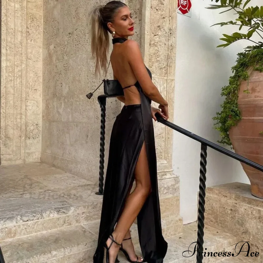 Black Halter Bandage Charming Backless Slit Maxi Dress - Image 2