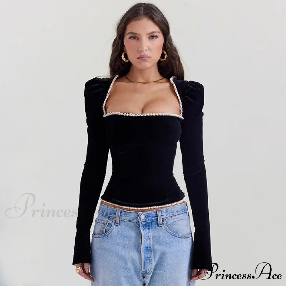 Black Long Sleeve Square Graceful Neck Corset Tie Up Top - Image 2