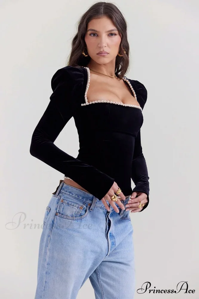 Black Long Sleeve Square Graceful Neck Corset Tie Up Top - Image 3
