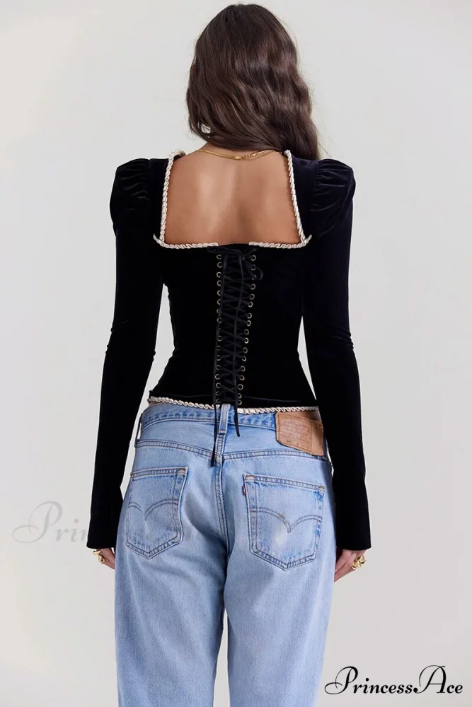Black Long Sleeve Square Graceful Neck Corset Tie Up Top - Image 4