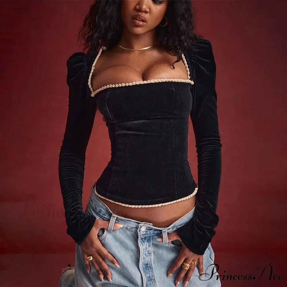 Black Long Sleeve Square Graceful Neck Corset Tie Up Top - Image 5