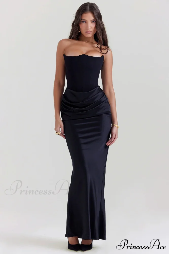 Black Corset Tube Charming Satin Maxi Dress - Image 10