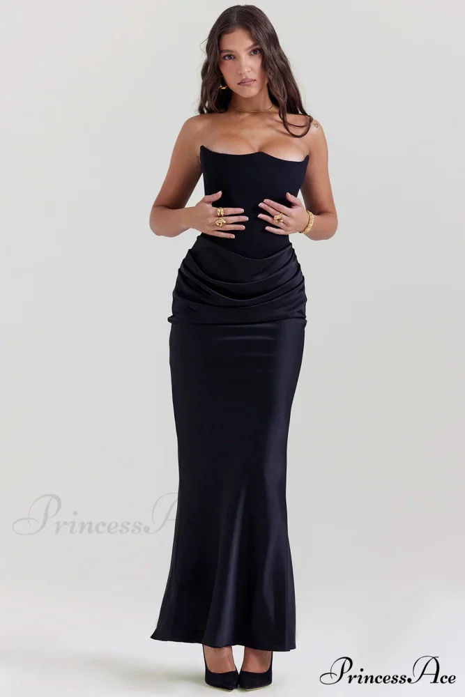 Black Corset Tube Charming Satin Maxi Dress - Image 11