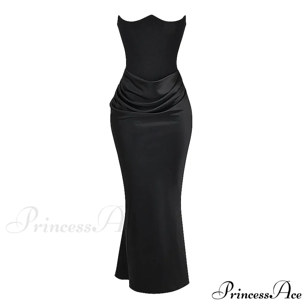 Black Corset Tube Charming Satin Maxi Dress - Image 3