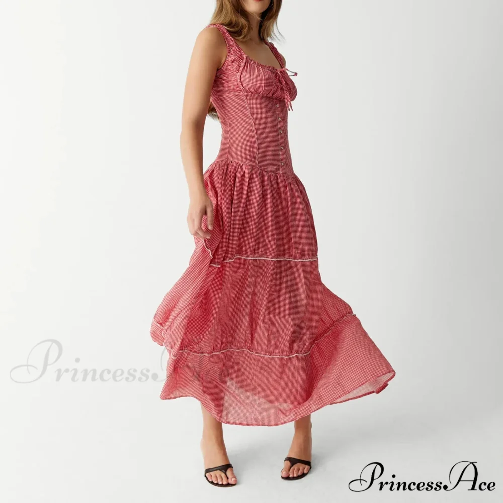 Red Plaid Stylish Maxi Dress - Image 2