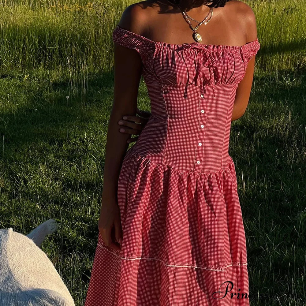 Red Plaid Stylish Maxi Dress - Image 3