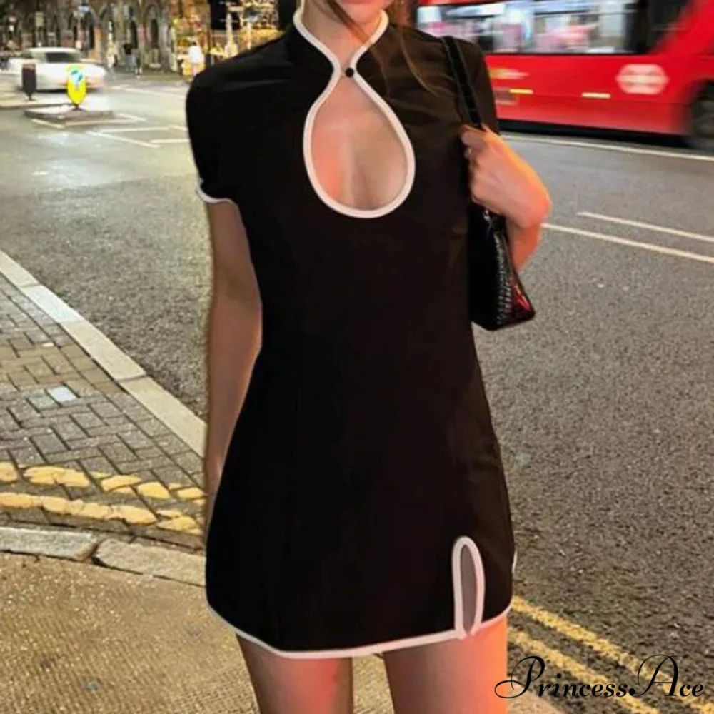 Black Short Sleeve Charming White Trim Mini Dress - Image 2