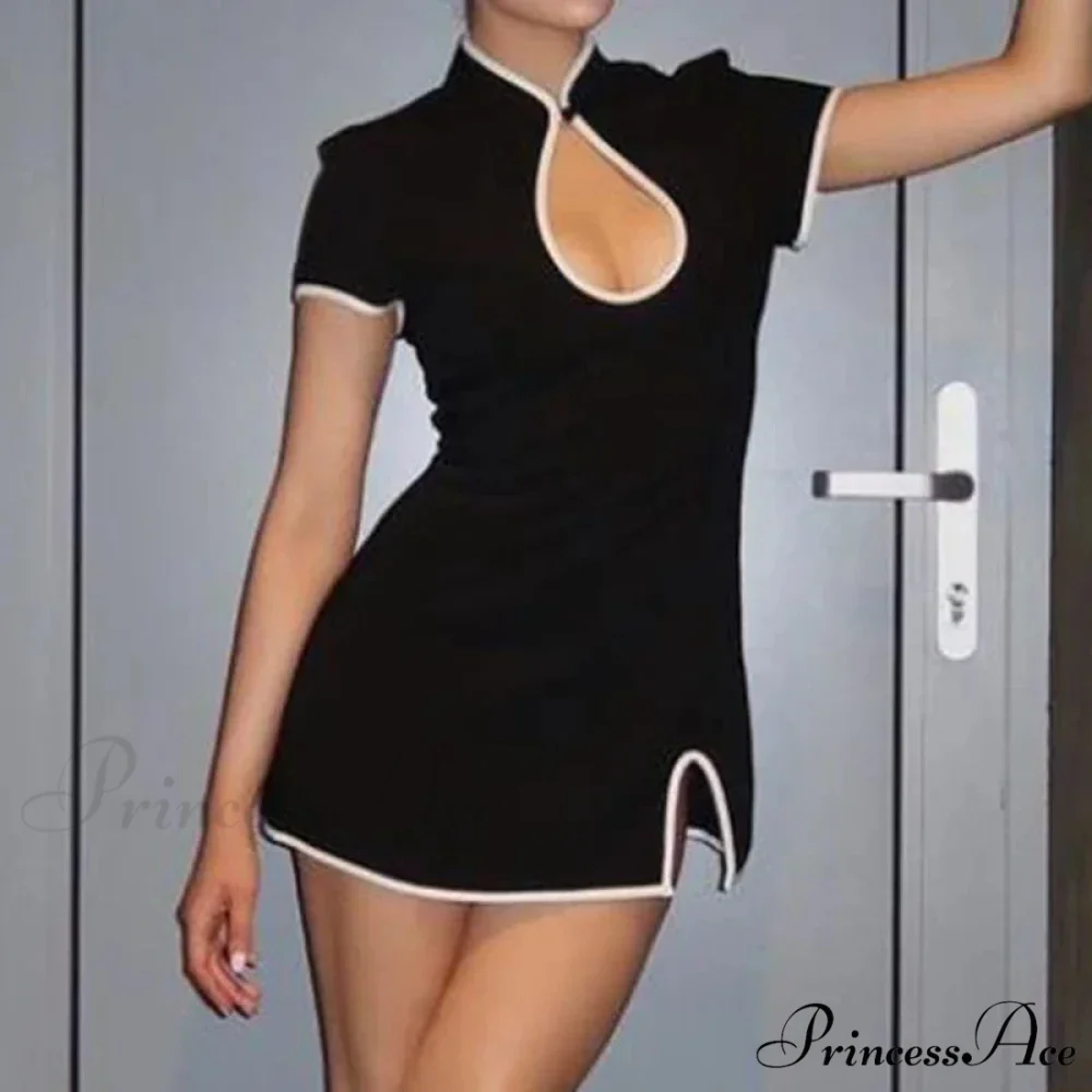 Black Short Sleeve Charming White Trim Mini Dress - Image 5