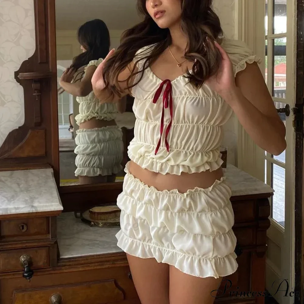 Ruched Short Sleeve Bow Graceful Top And Mini Skirt Set - Image 2