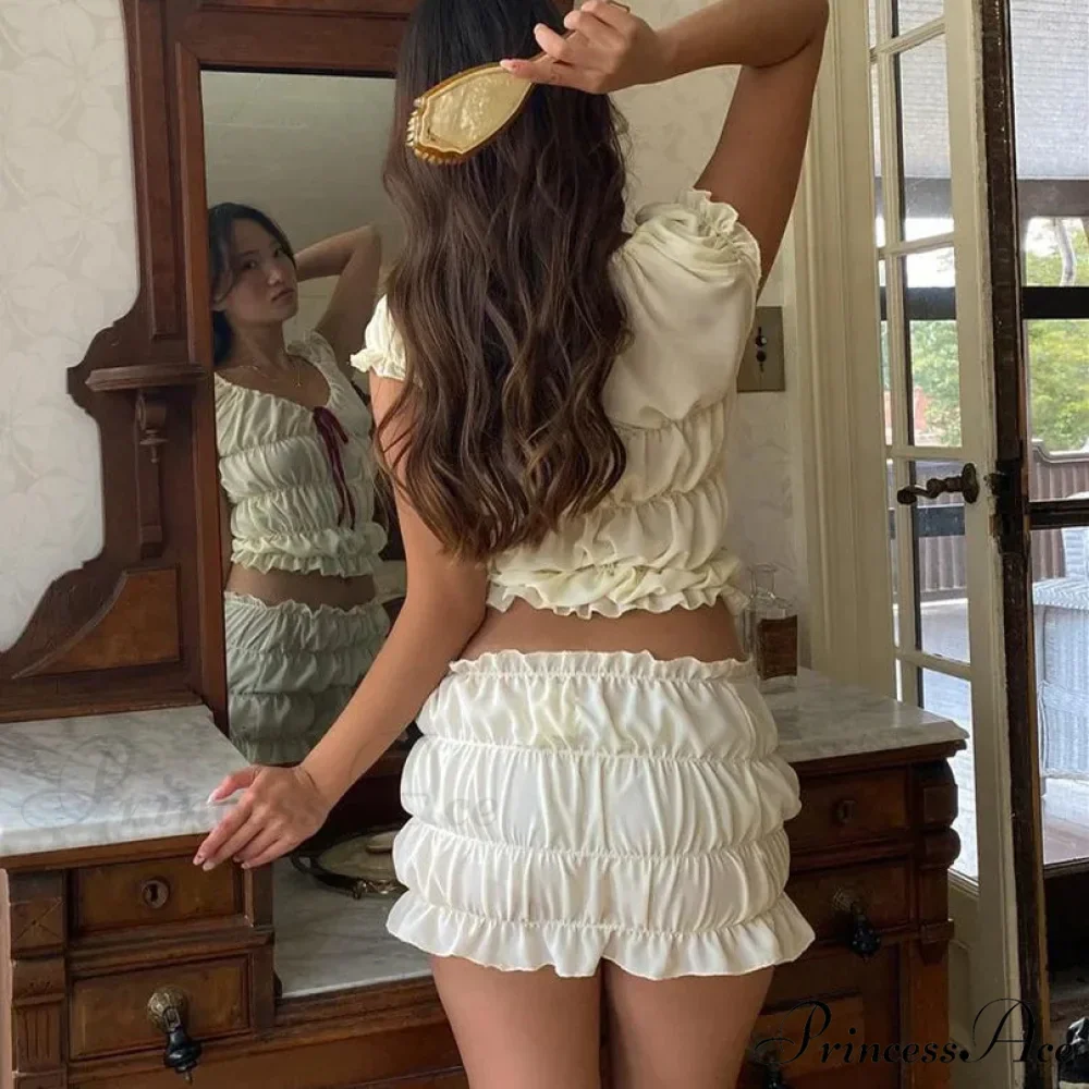 Ruched Short Sleeve Bow Graceful Top And Mini Skirt Set - Image 3