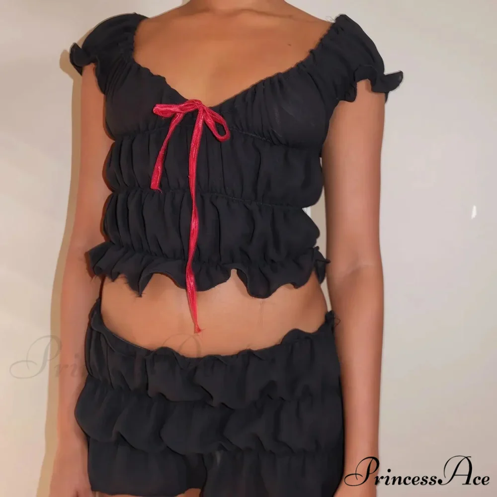 Ruched Short Sleeve Bow Graceful Top And Mini Skirt Set - Image 4