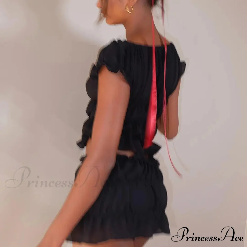 Ruched Short Sleeve Bow Graceful Top And Mini Skirt Set - Image 5