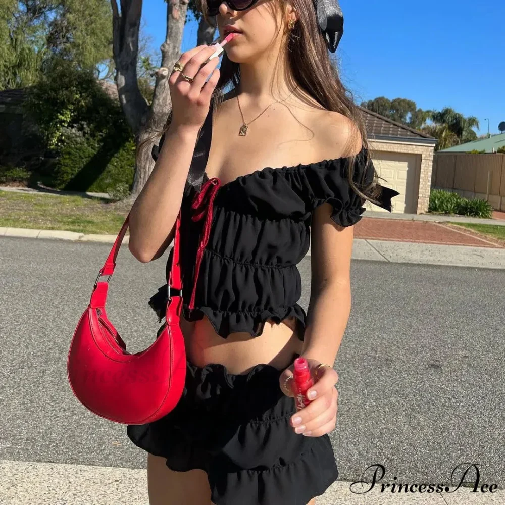 Ruched Short Sleeve Bow Graceful Top And Mini Skirt Set - Image 6