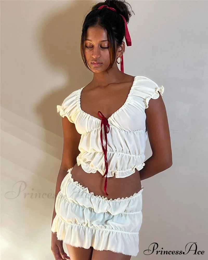 Ruched Short Sleeve Bow Graceful Top And Mini Skirt Set - Image 8