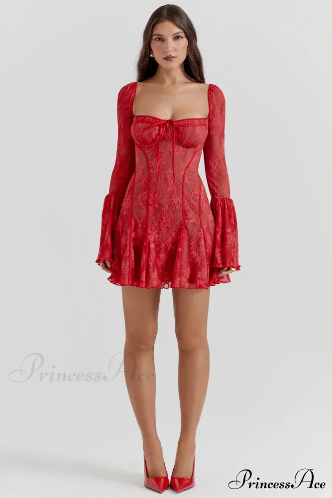 Long Sleeve Lace Charming Square Neck Mini Dress - Image 10