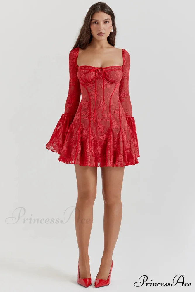 Long Sleeve Lace Charming Square Neck Mini Dress - Image 12