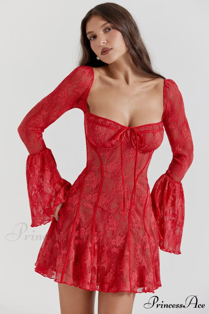 Long Sleeve Lace Charming Square Neck Mini Dress - Image 13