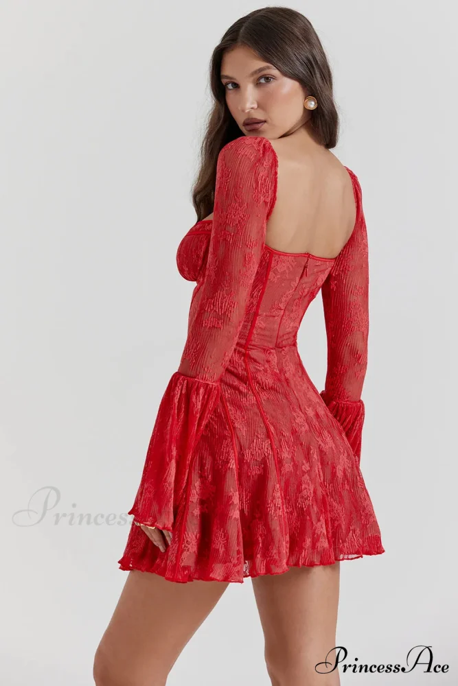 Long Sleeve Lace Charming Square Neck Mini Dress - Image 16