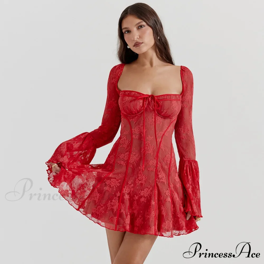 Long Sleeve Lace Charming Square Neck Mini Dress - Image 2