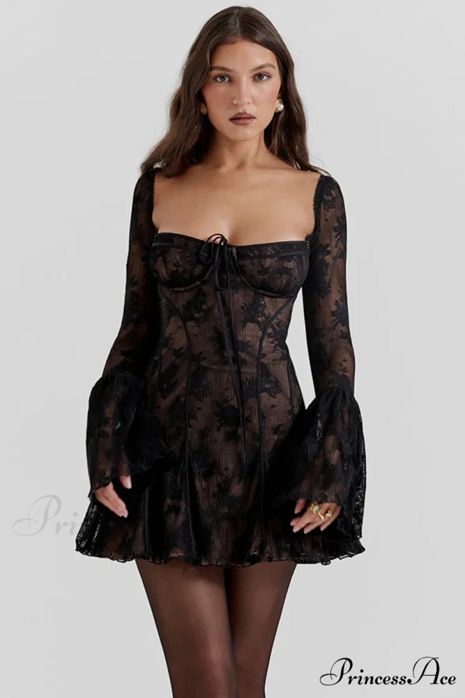 Long Sleeve Lace Charming Square Neck Mini Dress - Image 21