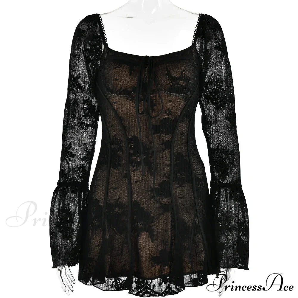 Long Sleeve Lace Charming Square Neck Mini Dress - Image 3