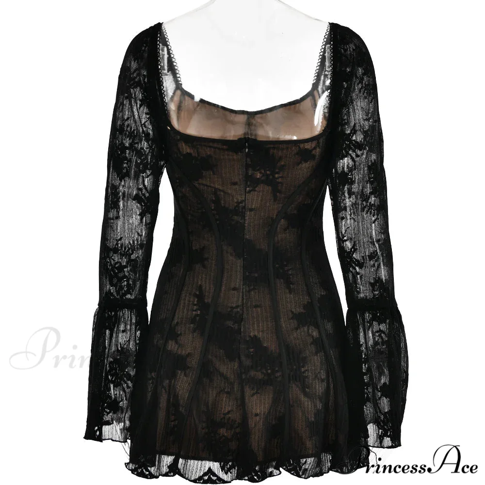 Long Sleeve Lace Charming Square Neck Mini Dress - Image 5