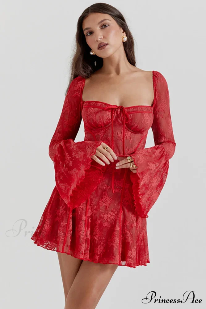 Long Sleeve Lace Charming Square Neck Mini Dress - Image 9