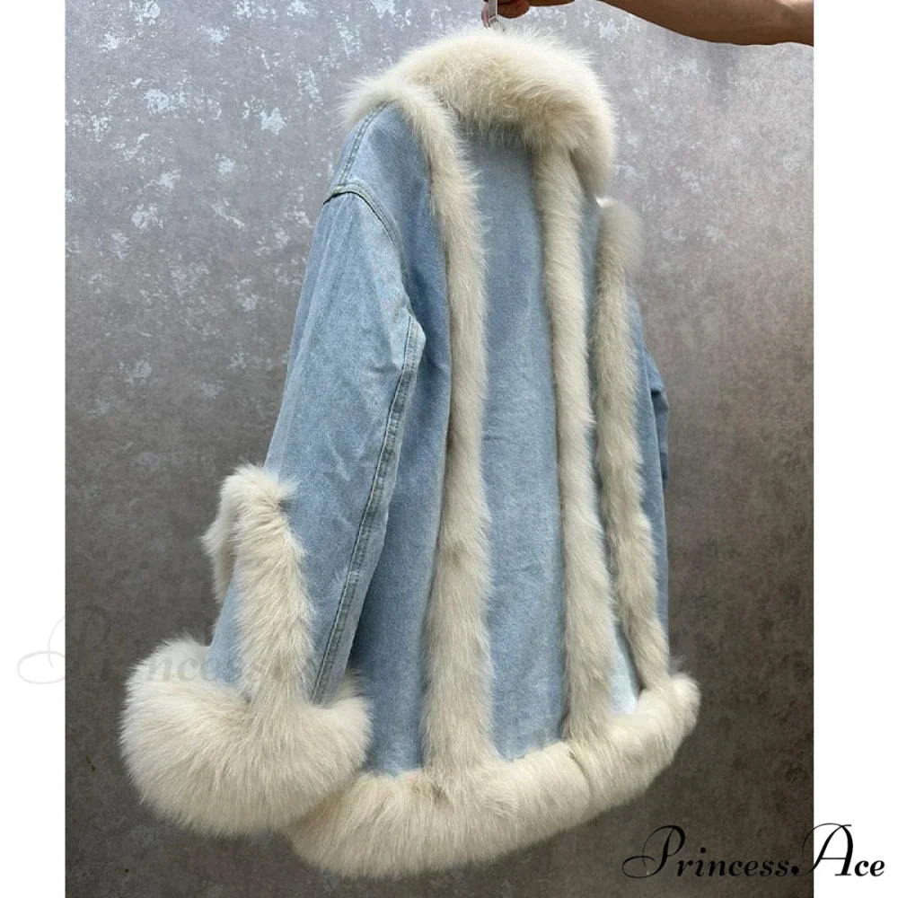 Fur Collar Stylish Denim Patchwork Coat - Image 10