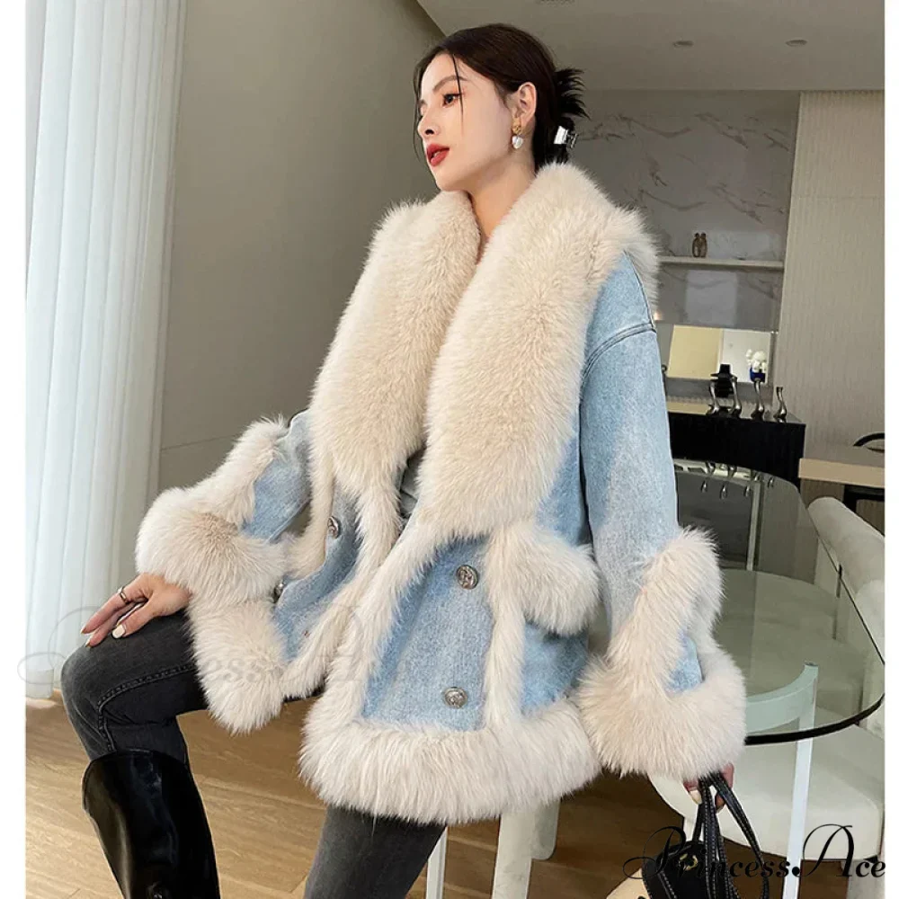 Fur Collar Stylish Denim Patchwork Coat - Image 2