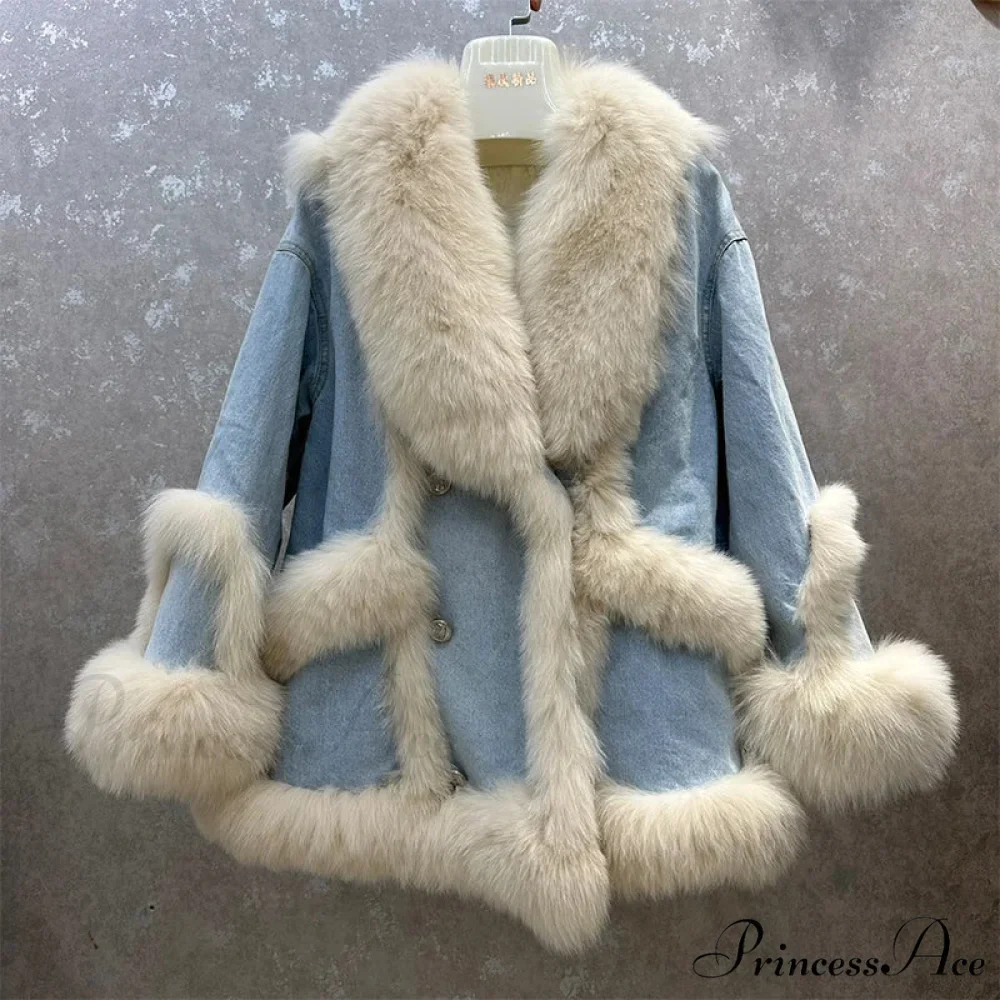 Fur Collar Stylish Denim Patchwork Coat - Image 3