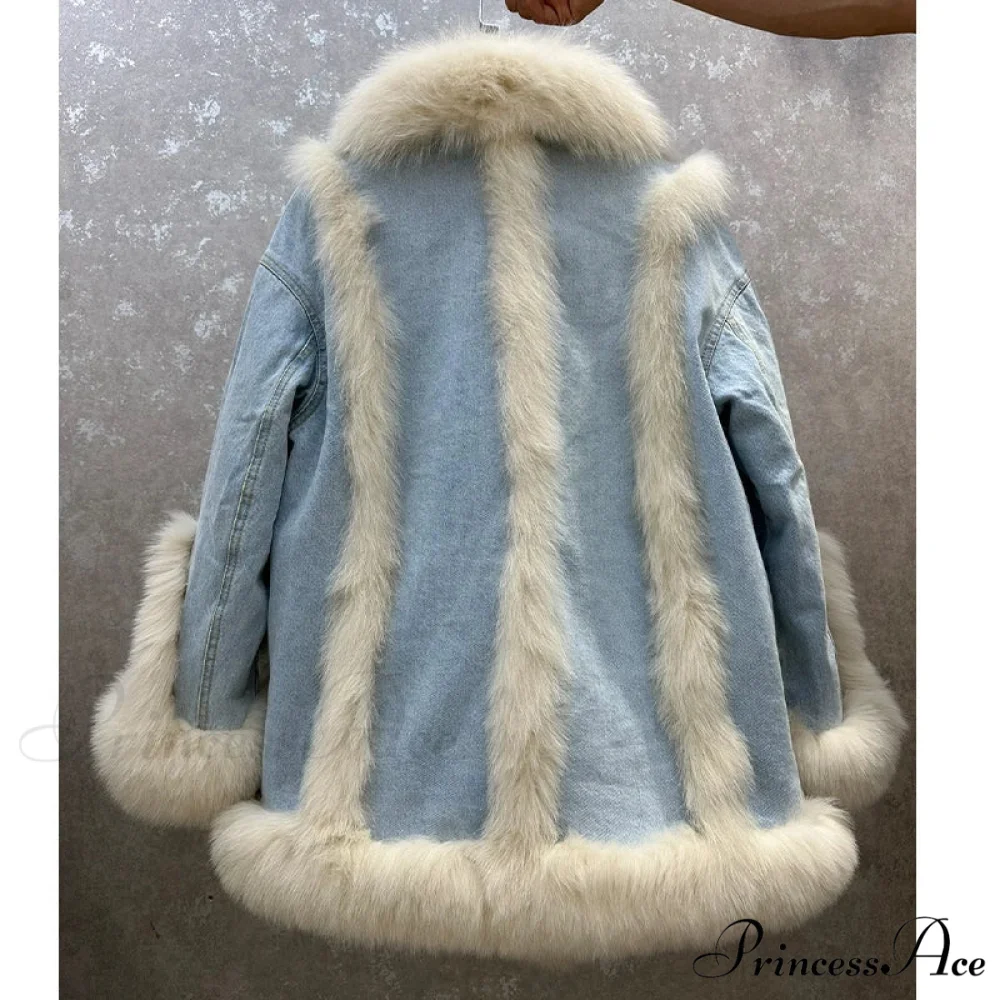 Fur Collar Stylish Denim Patchwork Coat - Image 4