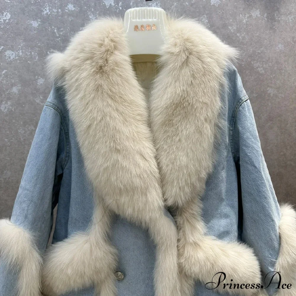 Fur Collar Stylish Denim Patchwork Coat - Image 5