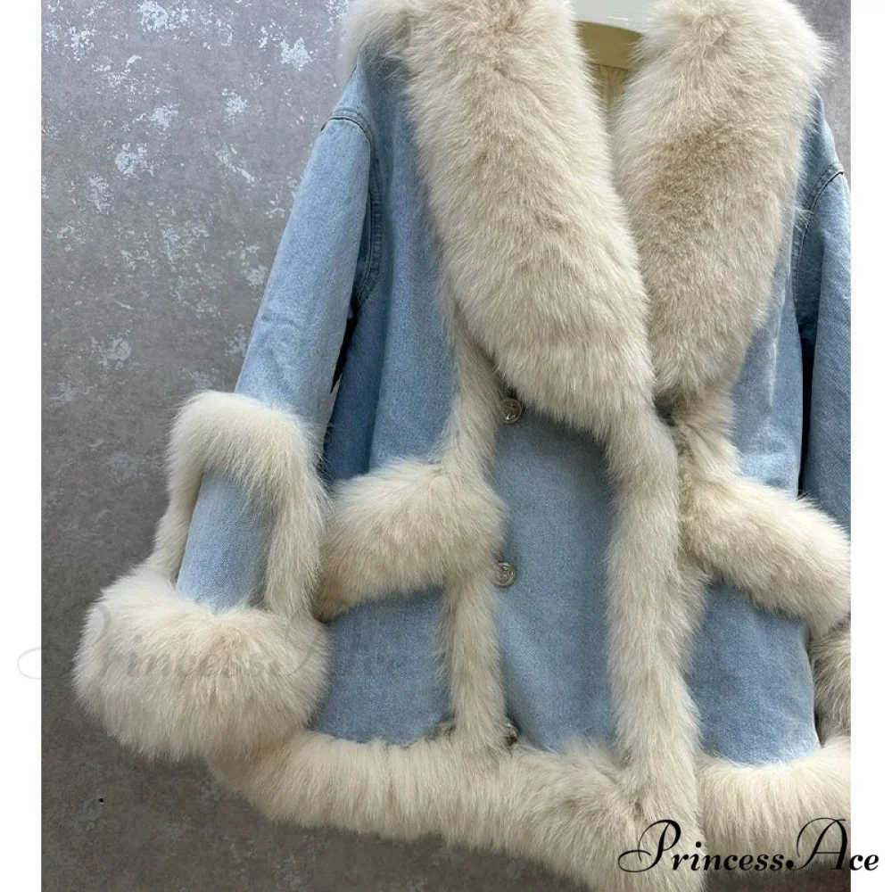 Fur Collar Stylish Denim Patchwork Coat - Image 6
