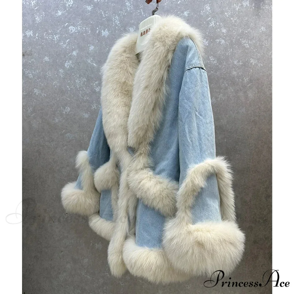 Fur Collar Stylish Denim Patchwork Coat - Image 8