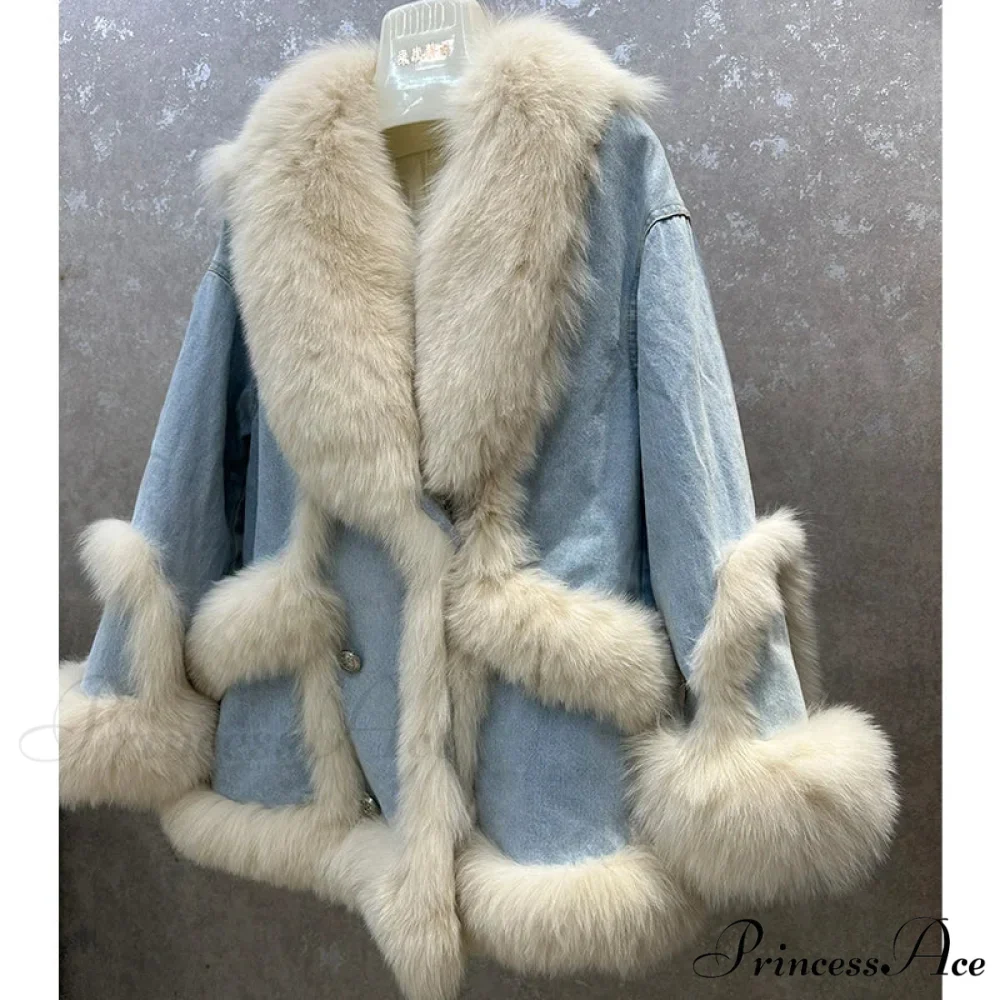 Fur Collar Stylish Denim Patchwork Coat - Image 9