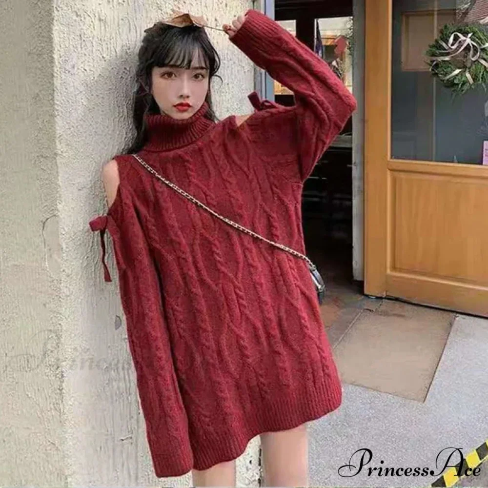 Red Cabel Knit Charming Shoulder Hollow Out Sweater - Image 2