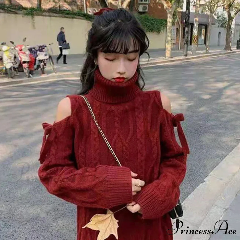Red Cabel Knit Charming Shoulder Hollow Out Sweater - Image 3