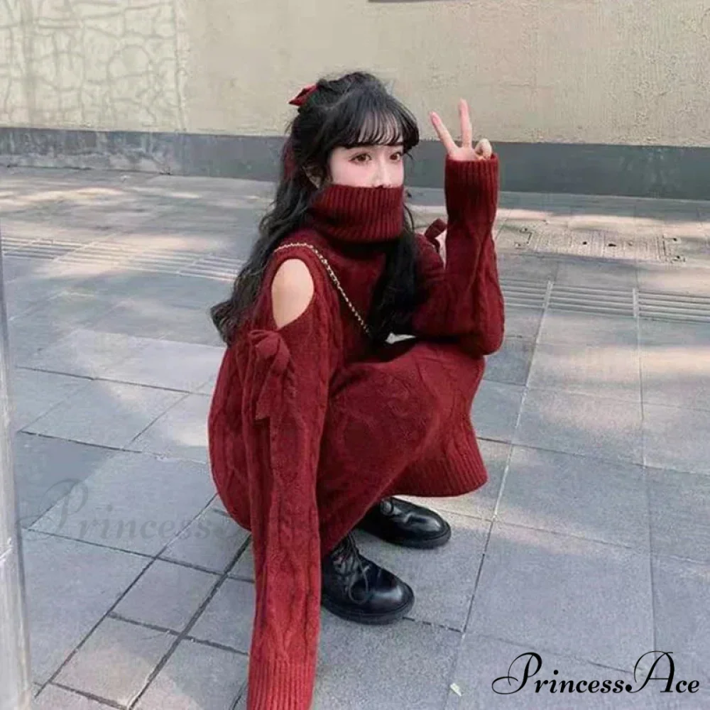 Red Cabel Knit Charming Shoulder Hollow Out Sweater - Image 4