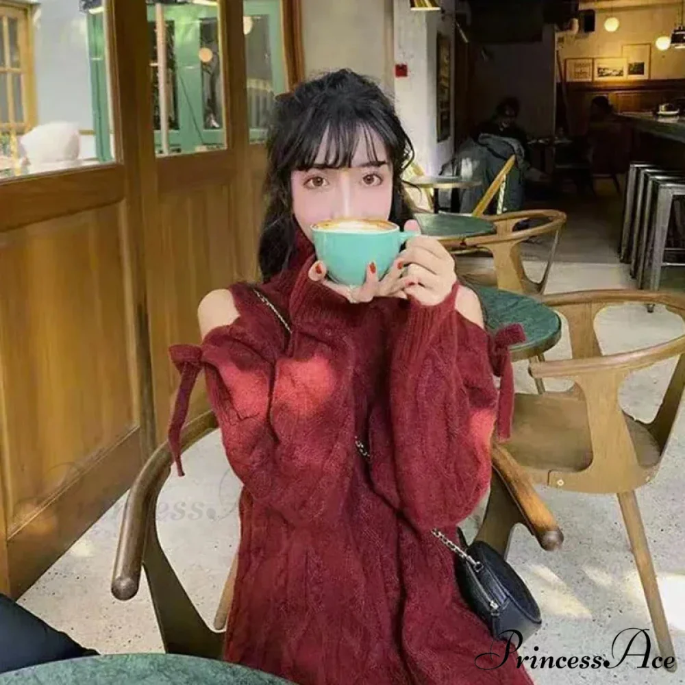 Red Cabel Knit Charming Shoulder Hollow Out Sweater - Image 6