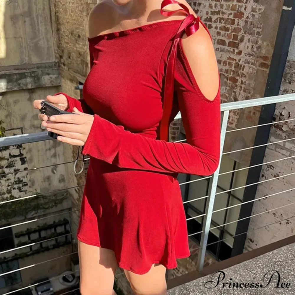 Long Sleeve One Shoulder Graceful Ribbon Tie-Up Mini Dress - Image 2