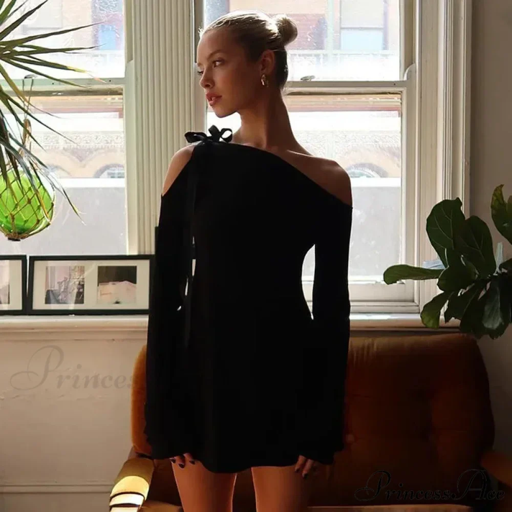 Long Sleeve One Shoulder Graceful Ribbon Tie-Up Mini Dress - Image 4