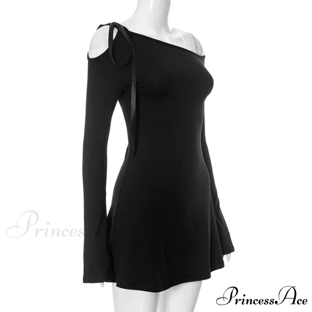 Long Sleeve One Shoulder Graceful Ribbon Tie-Up Mini Dress - Image 9