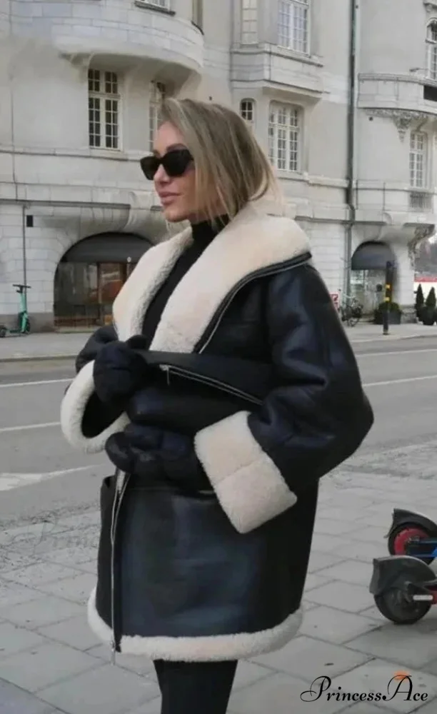 Black Faux Leather Charming Fur Lining Coat - Image 2