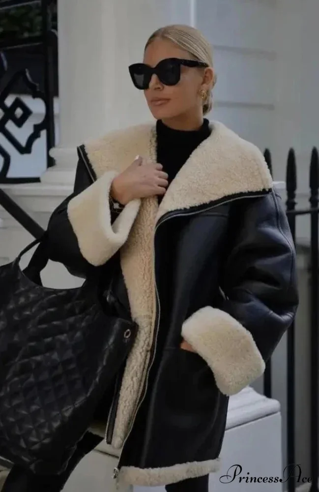 Black Faux Leather Charming Fur Lining Coat - Image 3