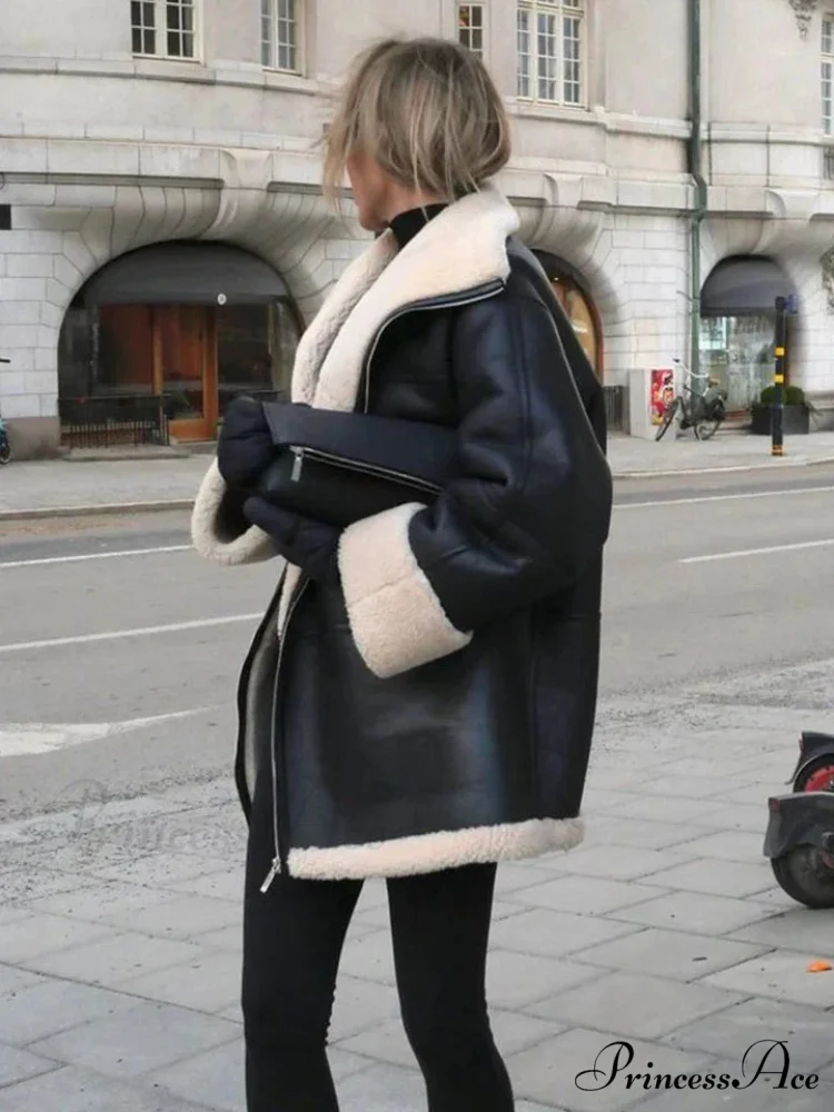 Black Faux Leather Charming Fur Lining Coat - Image 4