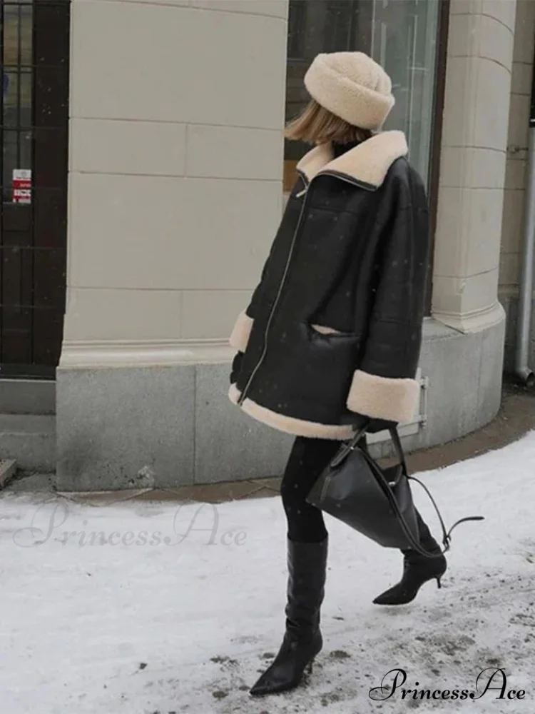 Black Faux Leather Charming Fur Lining Coat - Image 5