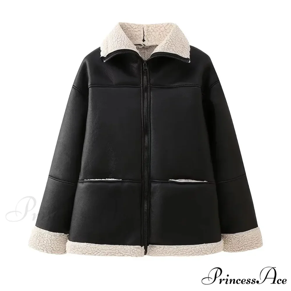 Black Faux Leather Charming Fur Lining Coat - Image 6