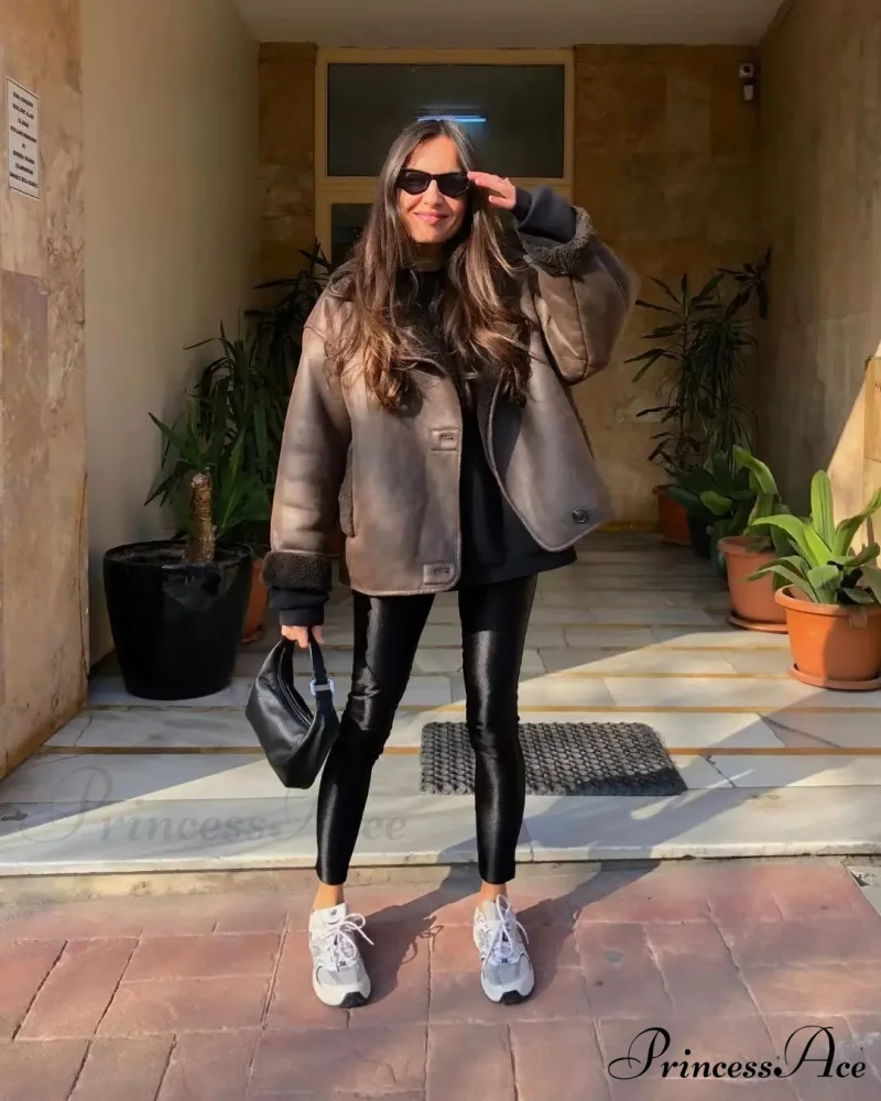 Brown Faux Leather Charming Black Lining Fur Jacket - Image 11