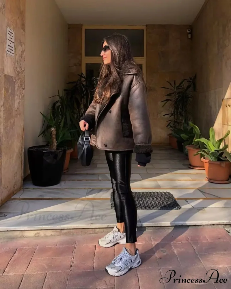 Brown Faux Leather Charming Black Lining Fur Jacket - Image 12